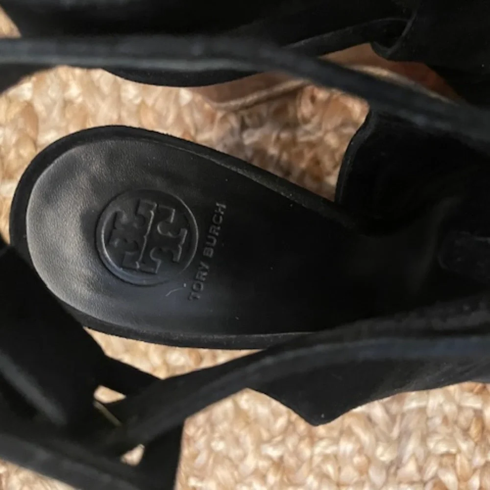 Black Suede Wedge Sandal with Wood-Effect Heel
